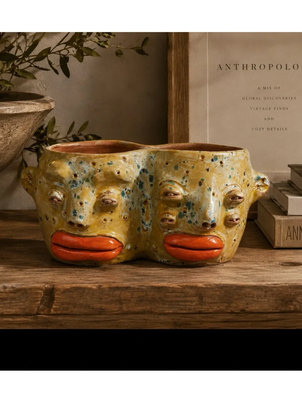 Rare~Anthropologie Signed Studio Art Pottery Double Face Planter~ Vase